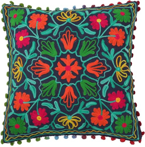 GURU SHOP Boho Kissenhülle, Besticktes Folklore Kissen, taubenblau/orange | 100 % Baumwolle, handgearbeitet, farbenfrohe Ornamente, ideal für Ethno-Wohnstyle, Akzentsetzung im Raum