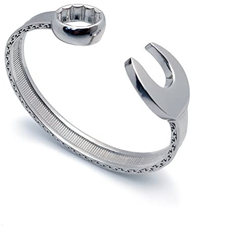 Jewelco London Sterling Silver Heavy Casted Carved Spanner Bangle Bracelet