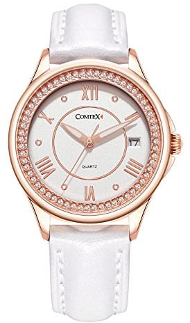 Comtex Damen Armbanduhr mit Weißes Lederband Rose Golden Gehäuse Wasser Resistent