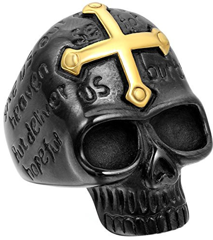 JewelryWe Schmuck Biker Herren-Ring, Edelstahl, Kreuz Gotik Totenkopf Schädel, Gold Schwarz - Größe 71
