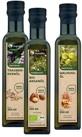 manako Gourmetset: BIO Arganöl geröstet, Traubenkernöl, Walnussöl je 250 ml