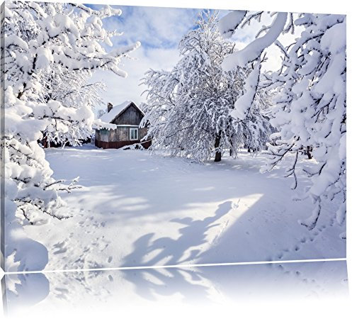 Pixxprint Winterlandschaft mit Hütte, Größe: 80x60cm, Leinwandbild, fertig gespannt, Wandbild, Dekoration, Kunstdruck, kein Poster