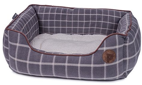 Petface Grey Window Pane Check Square Dog Bed with Reversible Cushion, Machine Washable, Medium (Pack of 1)