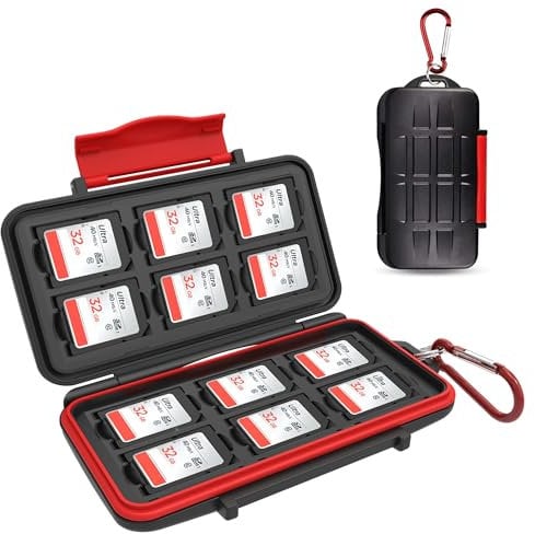Kiorafoto 12 Ranuras Tarjetero SD for SDHC SDXC Estuche Profesional Resistente al Agua Anti-Shock Protector de Almacenamiento de Tarjetas de Memoria Cartera con Mosquetón