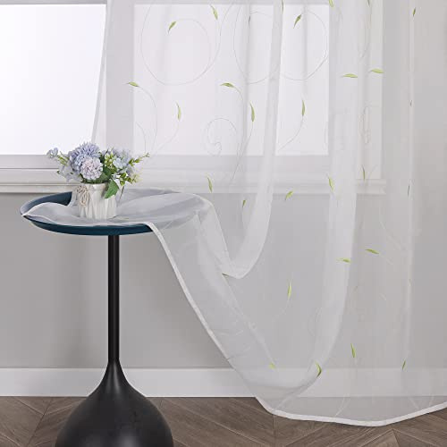 Yujiao Mao 1er-Pack Stickerei Gardine in Blätter Muster Wohnzimmer Schlafzimmer Mordern Vorhänge mit Schlaufen Transparent Gardinenschal BxH 140x225cm Grün
