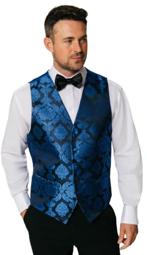 Dobell Mens Blue Waistcoat Regular Fit 5 Button Victorian Jacquard Pattern