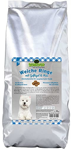 Schecker Weiche Ringe – halbfeuchtes Trockenfutter für ausgewachsene Hunde – mit Geflügel, Reis und Gemüse – ideal für kleine bis mittelgroße Rassen – extra weich & schmackhaft