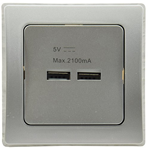 ChiliTec Delphi USB Lade-Dose I 5V 2100mAh/2,1A I 2-Fach I Unterputz I kombinierbar I Silber für Tablet Smartphone Smartwatch I Silber