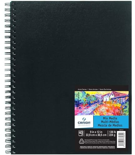 CANSON Mix Media Skizzenbuch, schwarz, 22,9 x 30,5 cm, 40 | Seitlich gebundenes Buch, 40 Blatt (224 g) für Aquarell, Gouache, Graphit, Tinte, Bleistift, Marker