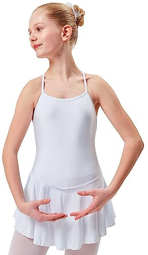 tanzmuster Ballettbody Mädchen - Sophie - glänzendes Lycra - gekreuzte Träger - angenähtes Röckchen - Kinder Ballett Trikot in weiß, 104/110