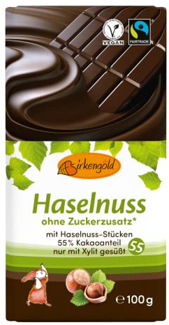 Birkengold Zartbitter Schokolade mit Nüssen, 55% Kakaogehalt, ohne Zuckerzusatz 3 x 100 g