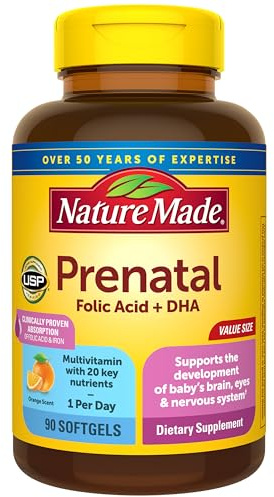 Nature Made Prenatal Vitamins for Women with Folic Acid + DHA, Prenatal Vitamin and Mineral Supplement for Daily Nutritional Support, 90 Softgels, 90 Day Supply