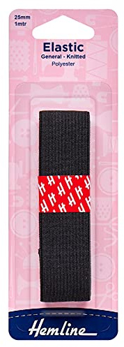 Hemline General Purpose Knitted Elastic – 25mm x 1m Black For Sportswear, Tracksuits & Garments Soft, Stretchy Polyester Elastic for Versatile and Durable
