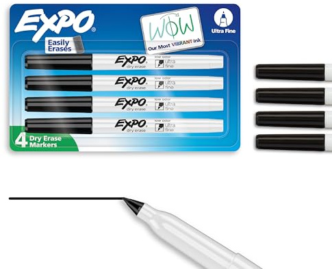 EXPO Dry Erase Markers, Low Odor Ink, Black, Ultra Fine Tip, 4 Count