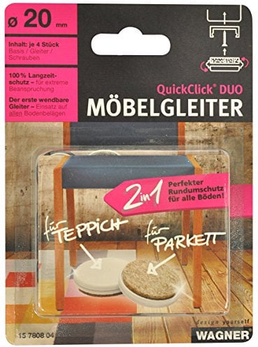 Wagner QuickClick® Filzgleiter & Kunststoffgleiter wendbar 2 Seiten Wollfilz & Kunststoff 4er-Set zum Anschrauben - 4X Basis+Schraube+Gleiteinsatz - Duo - Durchmesser Ø 20 mm - Made in DE - 15780804