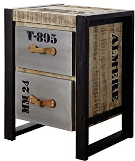 Massivmoebel24.de | Factory Beistelltisch aus Massivholz #123 - Natur, Bedruckt | aus Mangoholz | Industrial-Stil | mit 2 Schubladen 45x40x60cm | Kleiner Tisch Couchtisch Sofatisch