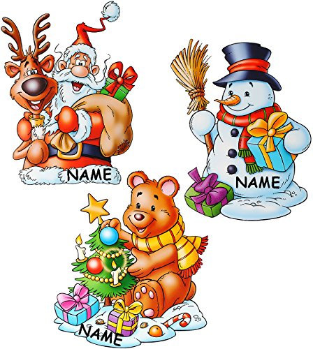alles-meine.de GmbH 2 versch. Bögen: statisch haftende Fensterbilder - Weihnachten - Comic - incl. Name - Schneemann/Weihnachtsbaum/Weihnachtsmann/Rentier - wiederverwe..