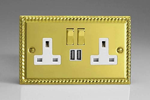 VARILIGHT Georgian Brass Classic Double Socket with 2 x 12W Shared USB A Charging Ports XG5U2SDW