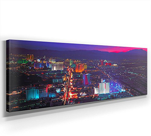 Jack Dyrell - Las Vegas Panorama - XXL 150x50cm, Leinwand auf Echtholzrahmen aufgespannt, UV-stabil und wasserfest, Kunstdruck für Büro oder Wohnzimmer, XXL Deko Bild abstrakt FineArtPrint Wandbild