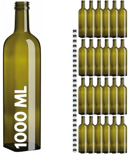 acquaverde | 12 Bottiglie Marasca in Vetro Scuro Uvag, Bottiglia Quadra per Olio e Liquore, 1000 ml con Tappo Dosatore