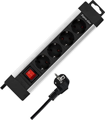REV SupraLine Steckdosenleiste 4-Fach - Mehrfachsteckdose mit Schalter, 1,9m Kabel, Wandmontage & Kabelknickschutz, Silber