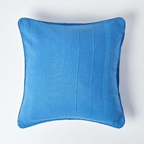 HOMESCAPES Rajput Ribbed Cushion Cover 18 x 18 Inches (45 x 45cm) Blue 100% Cotton Coordinating with Rajput Throws and Curtains Easy care Washable at home