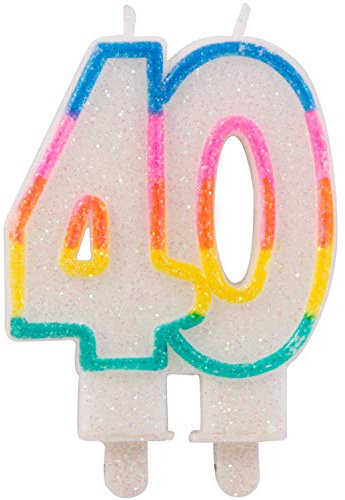 Folat 22894 – Glitzerkuchenkerze Regenbogen mit Halterung – Zahl 40 – ca. 9 x 6 x 1,5 cm