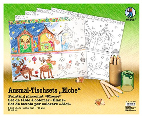 Ursus 24660000 - Ausmal Tischset Elche, 5 Blatt, ca. 33 x 40 cm, aus Zeichenkarton 120 g/qm, für Jungen und Mädchen, als kleines Geschenk