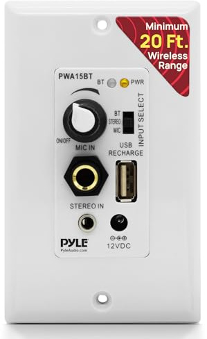Pyle Wireless BT Receiver Wall Mount - 100W In-Wall Audio Control Receiver w/ Built-in Amplifier, USB/Microphone/Aux (3.5mm) Inputs, Speaker Terminal Block, Connect 2 Speakers, White - PWA15BT