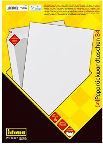 Idena 10247 - Versandtaschen DIN B4 mit Papprückwand, 5 Stück haftklebend, Briefumschläge ohne Fenster, aus 120 g/m² FSC-Mix Papier in Weiß