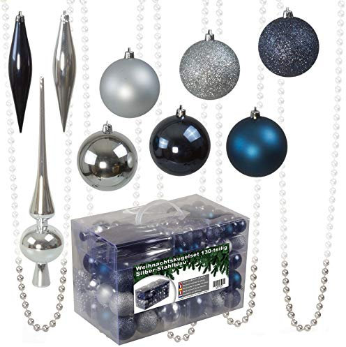 Julido Weihnachtskugeln Kunststoff 130 Stück, Christbaumkugeln Silber und Stahlblau, Weihnachtsbaum Deko glänzend, glitzernd und matt