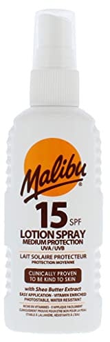 Malibu Sun Lotion en spray SPF 15, crème solaire de protection moyenne, résistante à l'eau, enrichie en vitamines, à l'extrait de beurre de karité, 100 ml