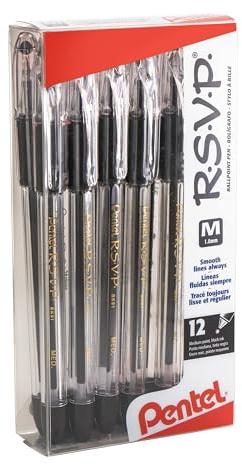 R.S.V.P. Pentel Ballpoint Pen, Medium, Black Ink, Pack of 12)