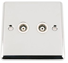 TV Wall Socket Double 2 Gang - Polished Chrome - Classic - White Insert - Coaxial Aerial Socket