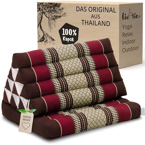 livasia Thaikissen mit 1 Auflage - 75x50x8cm - Dreieckskissen mit Sitzkissen, Keilkissen mit Kapok, Rückenkissen faltbar, Thaimatte zum Klappen, handgefertigt, Meditationskissen (Weinrot)
