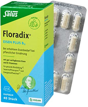 Salus Floradix Eisen plus B12-1x 40 Kapseln (16 g) - bei erhöhtem Eisenbedarf bei vegetarischer und veganer Ernährung - mit gut verfügbarem Eisen und Vitamin B12