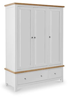 RoselandFurniture Farro Grey Large 3 Door Triple Wardrobe for Bedroom | Clothes Storage, Wooden Closet with Hanging Rail and Drawers, Oak Top, Contemporary Coastal Style, H183cm W130cm D52cm