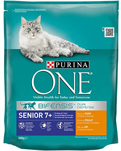 PURINA ONE BIFENSIS Senior 7+ Katzentrockenfutter: reich an Huhn & Vollkorn-Getreide, unterstützt Vitalfunktionen I ab 7 Jahre I 8er Pack (8 x 800 g)