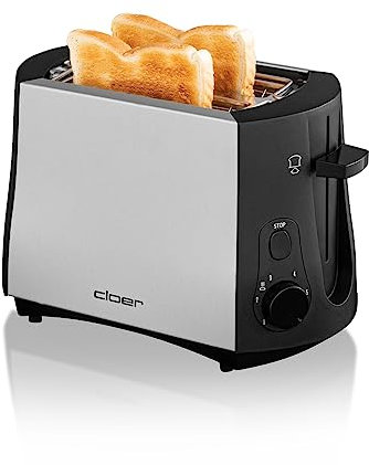 Cloer 3410 Toaster, 825 W, für 2 Toastscheiben, integrierter Brötchenaufsatz, Nachhebevorrichtung, Krümelschublade, mattiertes wärmeisoliertes Metallgehäuse
