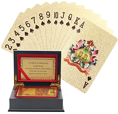 Kurtzy Goldene Poker Karten - Spielkarten Wasserfest Kartendeck aus Goldfolie für Magie, Poker Spiel & Familienspiele - Professionelle Goldene Spiel Karten mit 500 Euro Design & Display-Geschenkbox