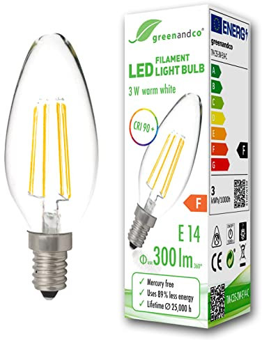 greenandco® CRI90+ Glühfaden LED Lampe | klar | ersetzt 28 Watt E14 Kerze | 3W 300 Lumen | 2700K warmweiß | Filament Fadenlampe | 360° 230V AC | nicht dimmbar | flimmerfrei | 2 Jahre Garantie