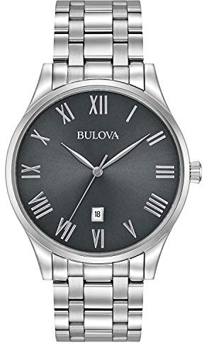 Bulova Men's Classic Stainless Steel 3-Hand Date Calendar Quartz Watch, Grey Dial with Roman Numeral Markers Style: 96B261