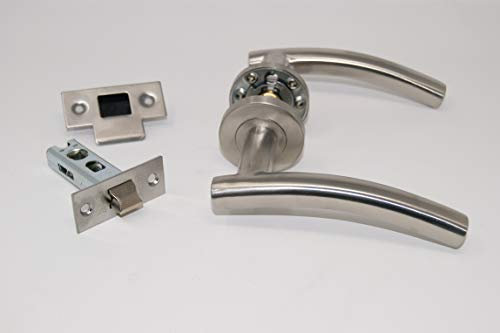 Arched T Bar Lever Door Handle On Rose Latch Set, Satin Stainless Steel