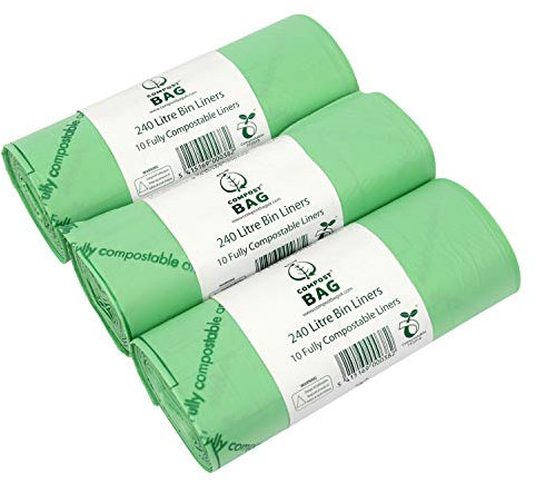 240 Litre x 30 Compostable Wheelie Bin Sacks - Compost Bag Bin Liners - EN 13432-240L Bin Bags with Composting Guide