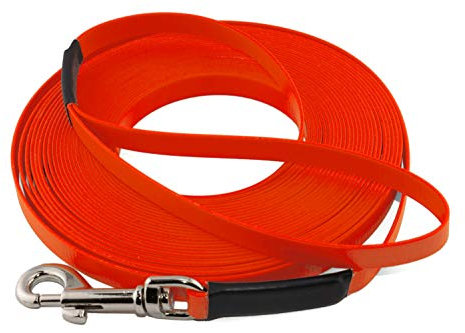LENNIE Leichte BioThane Schleppleine, 16mm, Hunde 25-35kg, 15m lang, mit Handschlaufe, Neon-Orange, genäht