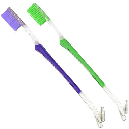 Orthodontic Toothbrush (Set of 2) V-Trim Double-Ended Brush with Interproximal Head for Cleaning Ortho Braces (Green & Purple)
