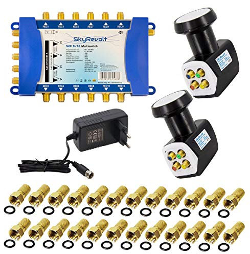 SkyRevolt Multischalter 9/12 Set 2X Quattro LNB 24x F-Stecker 2 SAT für 12 Anschlüsse Satverteiler Digital HDTV FullHD 4K UHD 8K