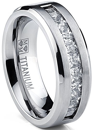 Metal Masters Titanium Men's 1Ct. Wedding Band Engagement Ring with 9 large Princess Cut Cubic Zirconia