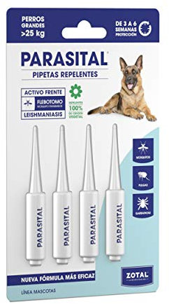 Zotal Parasital Pipetas para Perros Grandes - Blíster de 4 Pipetas - Protección Pulgas, Garrapatas y Mosquitos - 3 a 6 Semanas por Pipeta - Repelente Natural - Fácil Aplicación- Pack de 1 Blíster