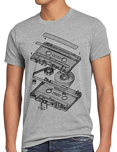 style3 DJ Tape Herren T-Shirt Kassette 3D Turntable Retro, Größe:XL, Farbe:Grau meliert